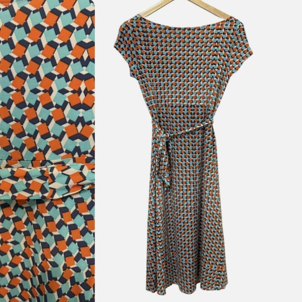 NEW Leota Womens XS Orange Blue Soft Flowy Designer Round Neck Career Belt Dress